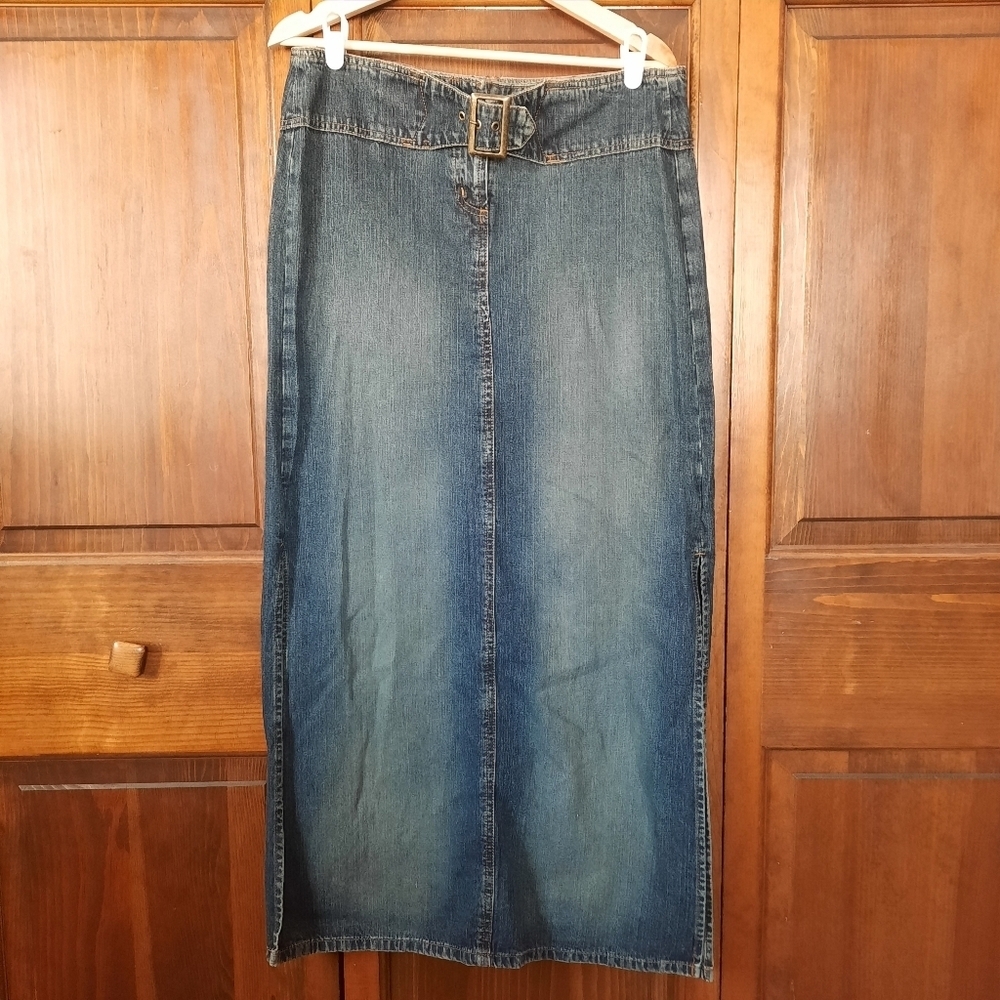 Vintage Y2K Paris Blues Soulmate Dark Wash Denim Belted Maxi Skirt Slits Size 11